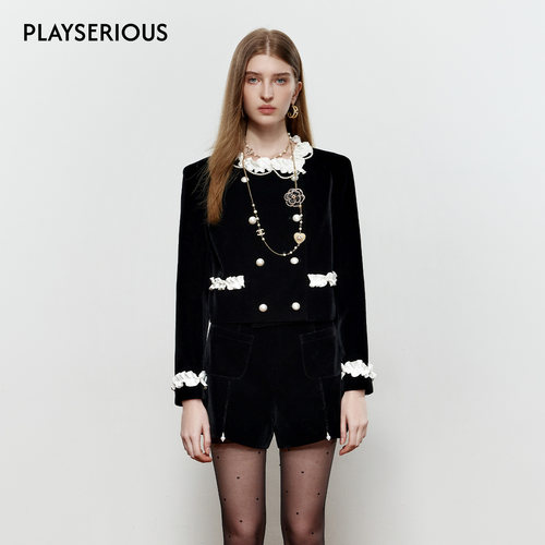 ROCHAROMMA 2025秋季新款珍珠领丝绒外套短裤两件套女小香风套装