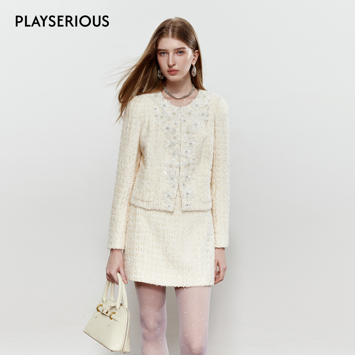 ROCHAROMMA 2025秋季新款重工花朵外套粗花呢半裙套装小香风套装