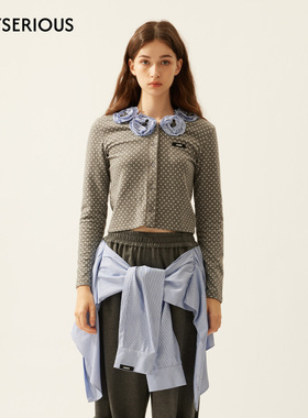 LACERTA 2026春夏新款波点珠片花朵领针织开衫女常规款针织衫