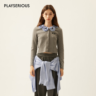 LACERTA 2026春夏新款波点珠片花朵领针织开衫女常规款针织衫