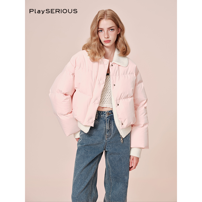 ROCHAROMA粉色针织拼接鹅绒服