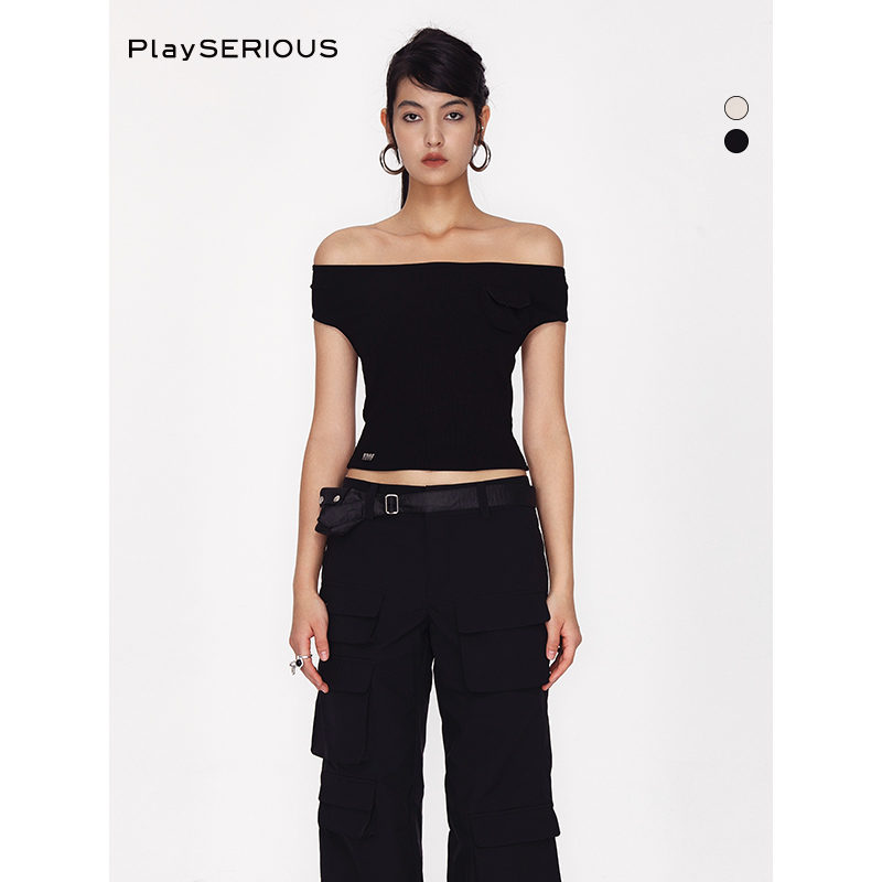 LEEWEI一字肩镂空针织罗纹T恤