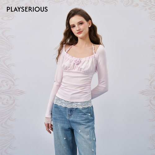 THREE QUARTERS 2026夏季新款蕾丝花边修身长袖T恤女粉色甜美上衣