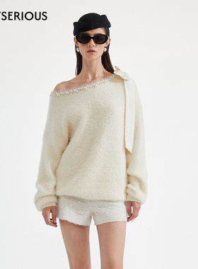 【徐如蓝同款】KINGWEN 2025秋季新款白色气质斜肩钉珠毛衣女