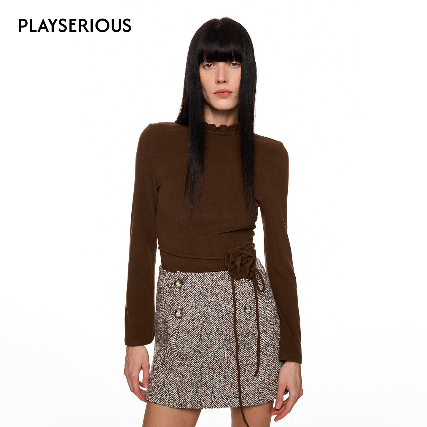 SHRO ENRO 2025秋冬新款木耳边立领花朵腰带针织衫复古长袖打底衫