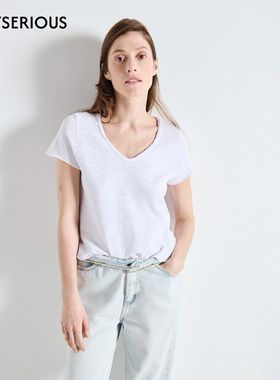American Vintage 2025秋季新款V领百搭T恤女短款毛边设计感短袖