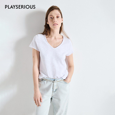 American Vintage 2025秋季新款V领百搭T恤女短款毛边设计感短袖