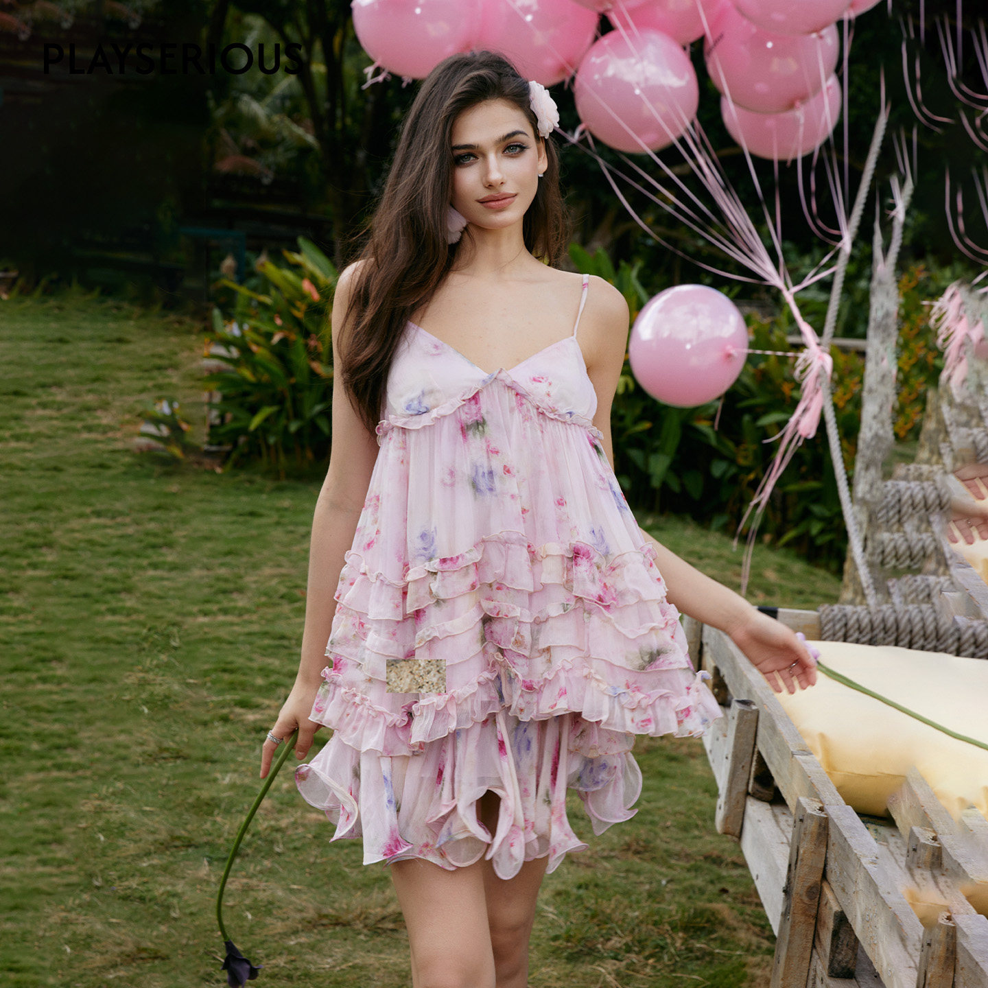 Maison Wester 2026夏季新款粉粉玫瑰印花甜妹公主多层吊带衫女