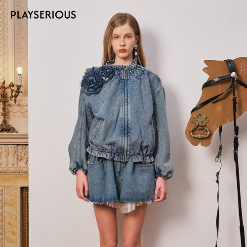 ARTE PURA 2025秋季新款蕾丝牛仔花装饰抽绳牛仔夹克早秋时尚外套