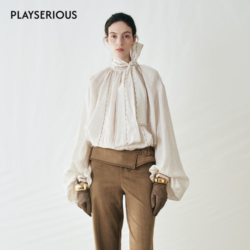 CELLO SONATA 2025秋季新款亚麻条纹上衣女重工特种刺绣长袖衬衫