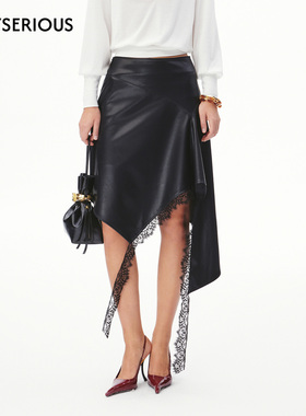 CNLEEWEI 2026春季新款不规则斜裁蕾丝飘带A摆PU半裙女百搭半身裙