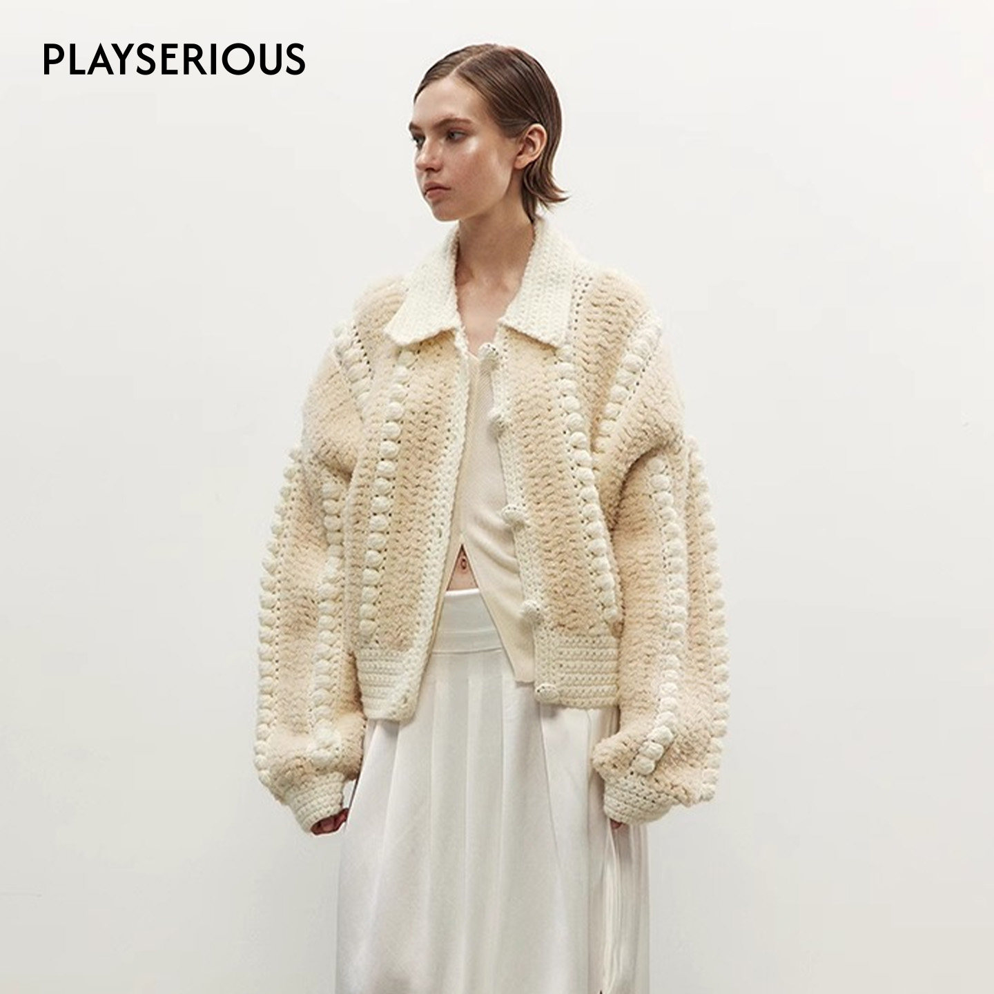 NONETONE 2025秋冬新款羊驼毛手钩编织外套女洛可可风毛针织衫