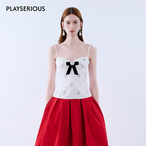 提花玫瑰吊带女时尚蝴蝶结上衣