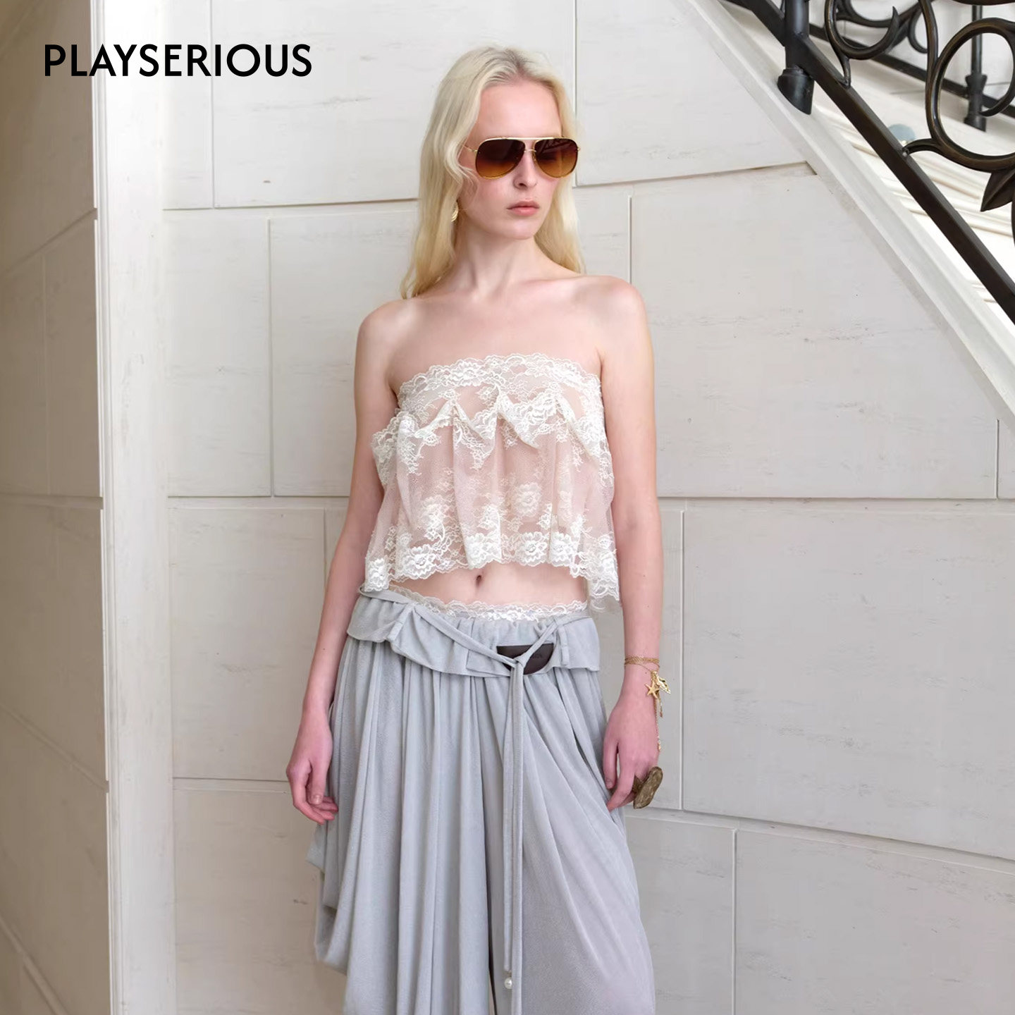 CELLO SONATA 2026春夏新款蕾丝褶皱半裙女两穿抹胸蕾丝上衣