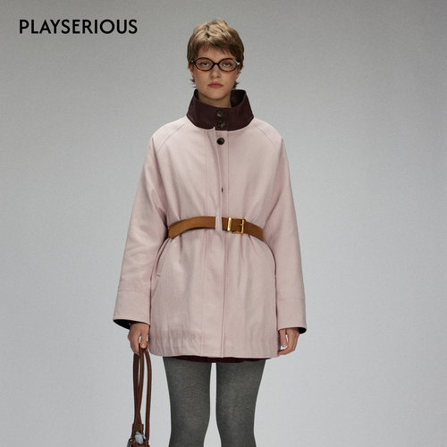 LACERTA 2025秋季新款柔雾粉立领加棉短大衣女简约休闲中长款大衣