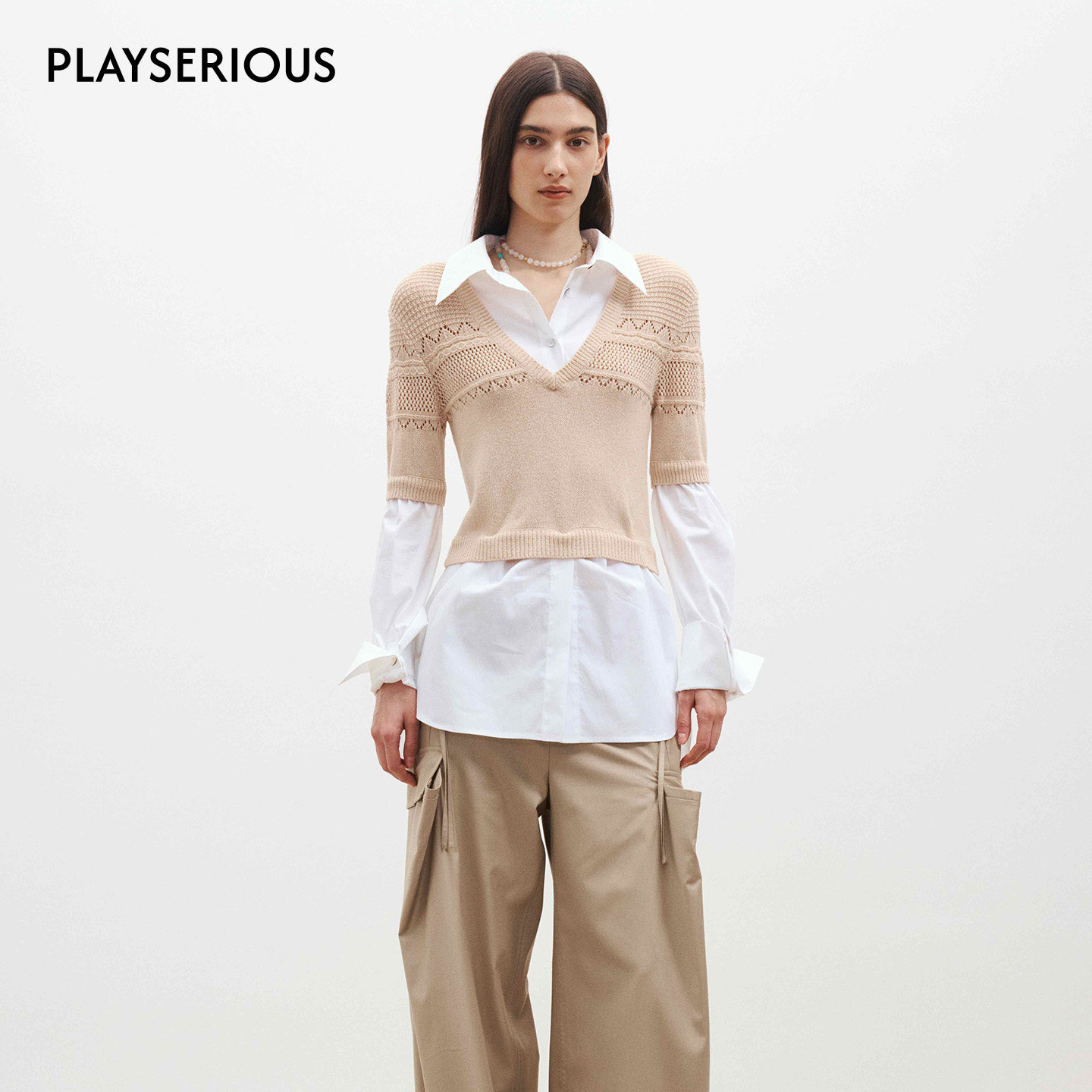 Medium Well 2026春季新款钩针拼接假两件衬衫女气质通勤休闲上衣,女装/女士精品,衬衫,淘宝优惠券,粉丝福利购,淘宝优惠卷