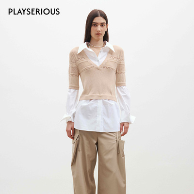 Medium Well 2026春季新款钩针拼接假两件衬衫女气质通勤休闲上衣