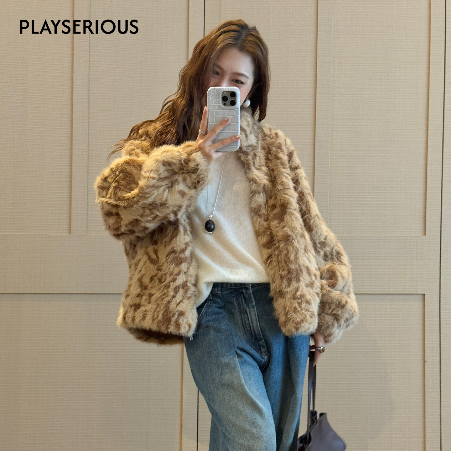 CONCISE-WHITE简白 2025秋冬新款立领豹纹短外套女小众设计外套