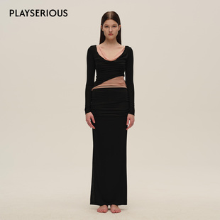 新款 2025秋季 拼色网纱荡领上衣针织双层半裙两件套女 SUDIO SIJIA