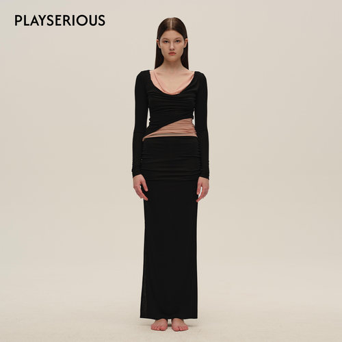 SIJIA SUDIO 2025秋季新款拼色网纱荡领上衣针织双层半裙两件套女