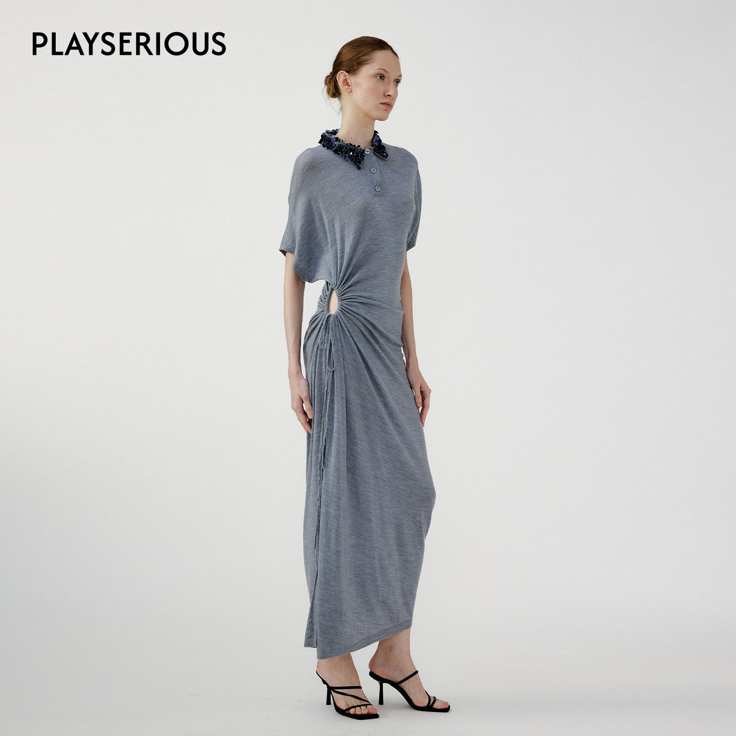 NONETONE 2026春季新款手工钉珠翻领腰部镂空绑带羊毛针织连衣裙