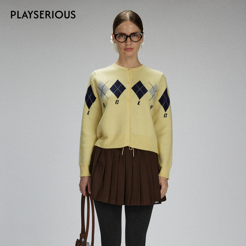 LACERTA2025秋季新款LOGO菱格羊毛针织外套女时尚纯色学院风外套