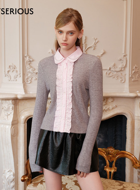 Marc Moore 2025秋季新款粉白蕾丝拼接木耳边开衫女设计感开衫