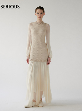 NONETONE 2026春季新款羊毛针织手钩花拼接真丝百褶针梭拼连衣裙