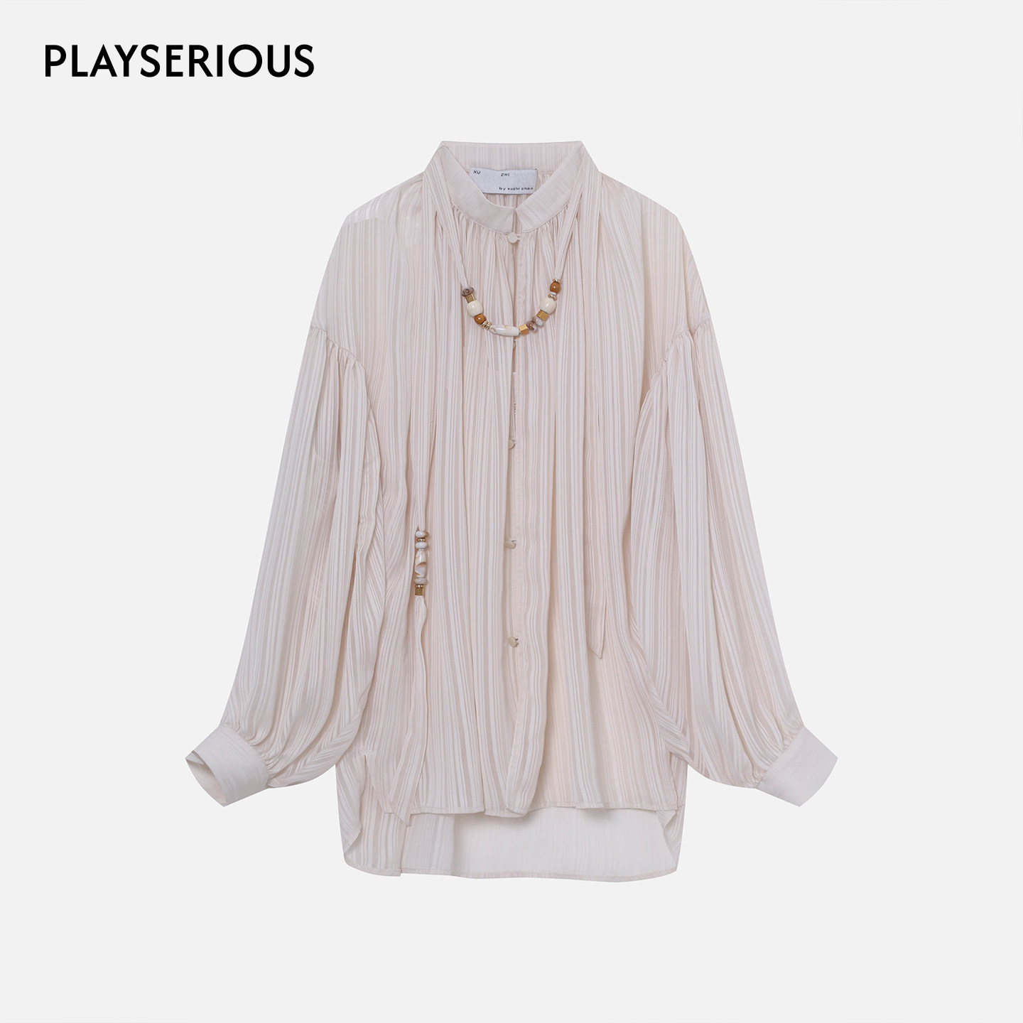 XU ZHI 2025秋季新款串珠装饰飘带抽褶雪纺衬衫女士休闲长袖上衣