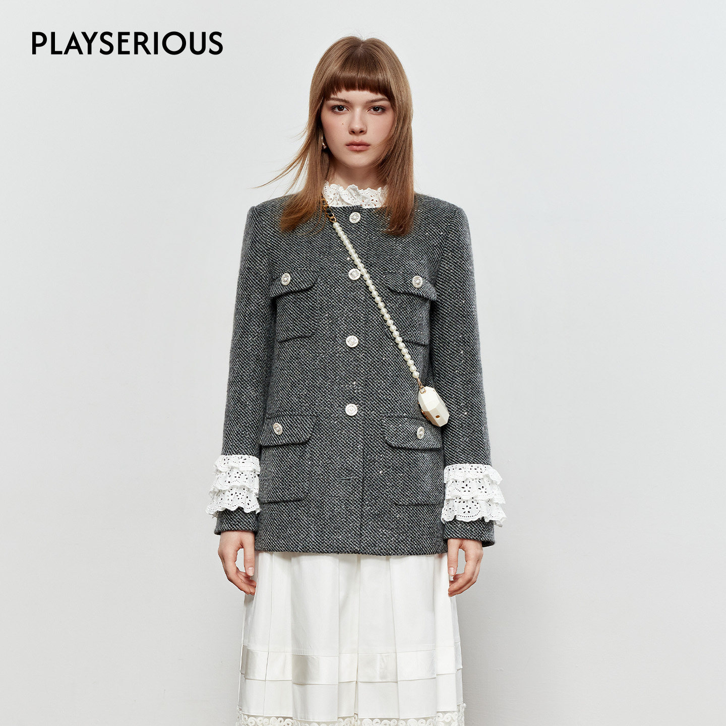 ROCHAROMMA 2025秋季新款刺绣花边粗花呢外套时尚小香风中长外套