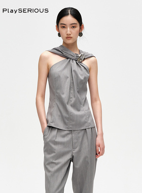 JACQUES WEI 2025秋季款灰色昙花胸针设计感上衣女褶皱显瘦背心