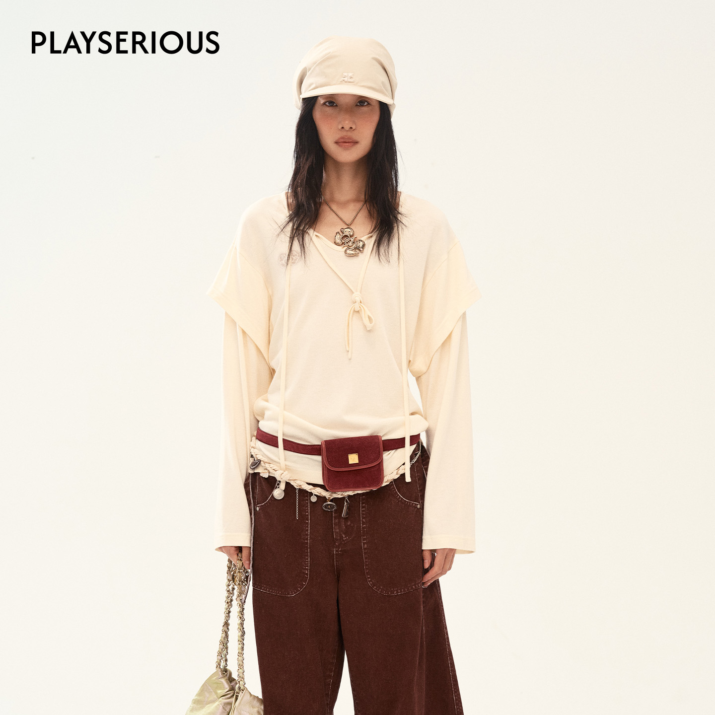 MEDIUM WELL 2025秋季新款羊毛桑蚕丝系带长袖女士慵懒风宽松上衣