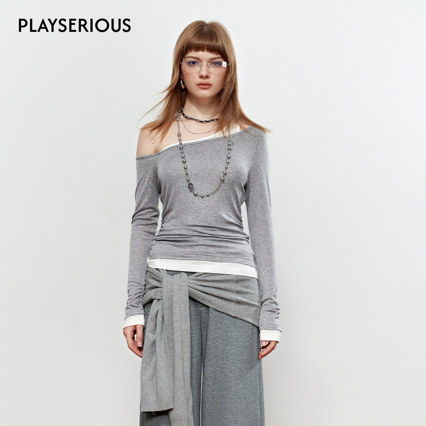 ROCHAROMMA 2025秋季新款漏肩撞色针织打底衫简约百搭假两件上衣