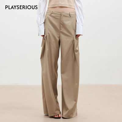 Medium Well 2026春季新款折叠口袋涂层长裤女休闲自然腰阔腿裤