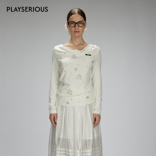 LACERTA 2025秋季新款纯色珠绣荡领打底衫女简约百搭长袖打底上衣