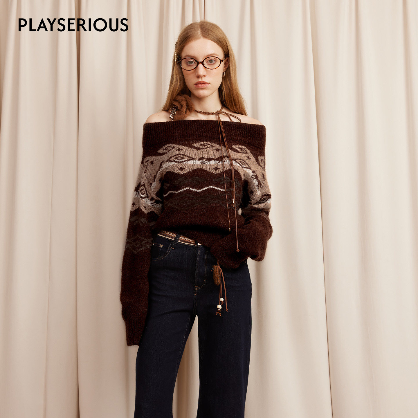 ARTE PURA 2025秋冬新款咖色一字肩费尔岛提花毛衣女设计感上衣