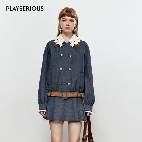 ROCHAROMMA 2025秋季新款仿牛仔外套百褶裙套装可拆卸手钩领外套