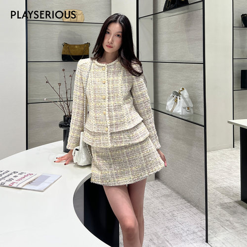 SSPARKLING2025秋冬新款修身花纱优雅小香风外套半裙套装两件套