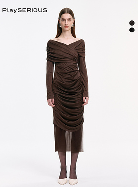 HAI STUDIO 秋季新款立裁拼纱一字露肩褶皱收腰开叉连衣裙女