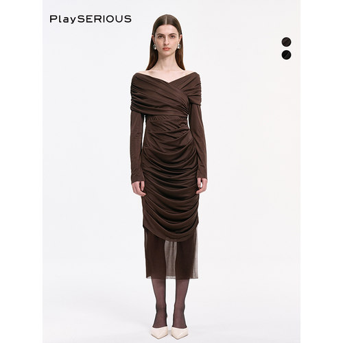 HAISTUDIO褶皱收腰开叉连衣裙