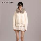 LACERTA 2025秋冬新款 圈圈肌理可拆卸毛领羊毛外套女白色休闲外套