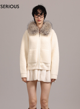 LACERTA 2025秋冬新款圈圈肌理可拆卸毛领羊毛外套女白色休闲外套