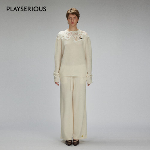 LACERTA 2025秋季新款老钱风蕾丝拼接羊毛针织毛衣长裤套装奶白色