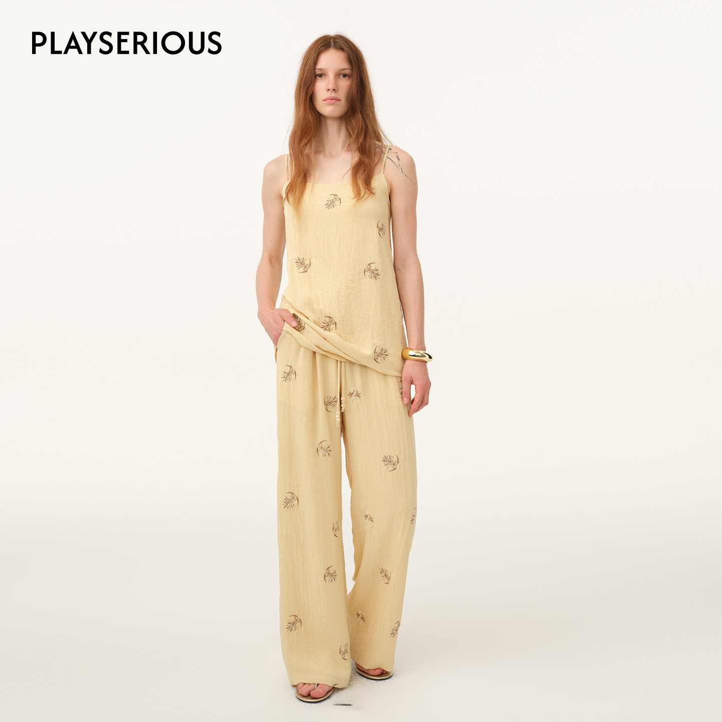 ODTD 2026春夏新棉麻感珠绣宽松吊带上衣休闲长裤套装女两件套装,女装/女士精品,时尚套装,淘宝优惠券,粉丝福利购,淘宝优惠卷