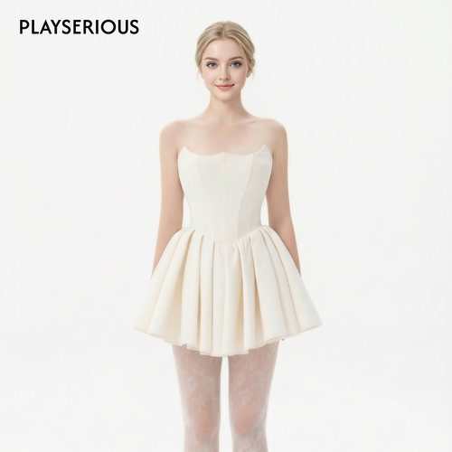 SSPARKLING 2025秋冬新款猫耳朵鱼骨收腰抹胸连衣裙女法式连衣裙