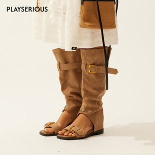 LACERTA 2026春夏新款定制金属扣头一字带方跟堆堆凉靴女时装靴