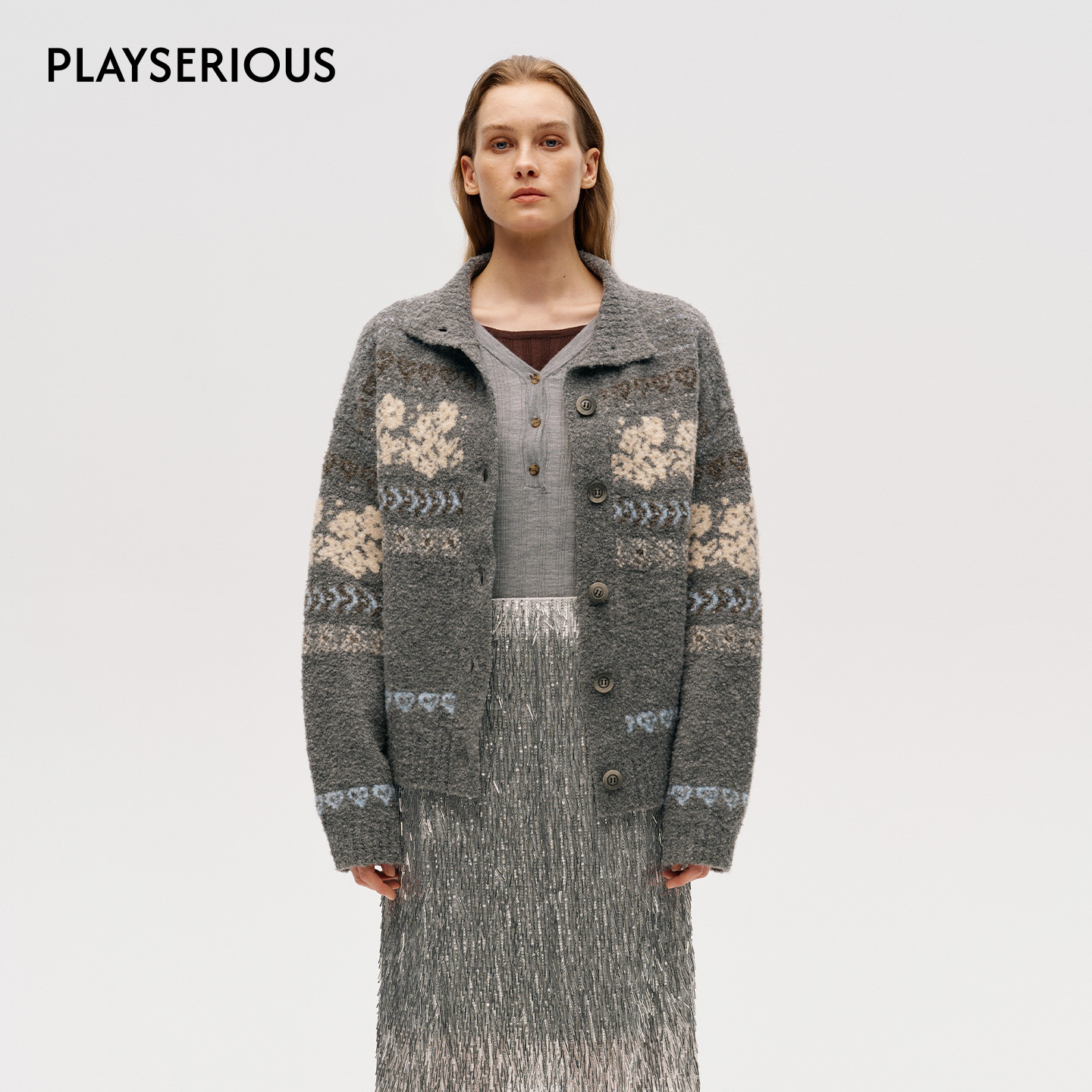 ICE DUST 25秋冬新款爱心与花朵立领开衫费尔岛慵懒风圣诞针织衫