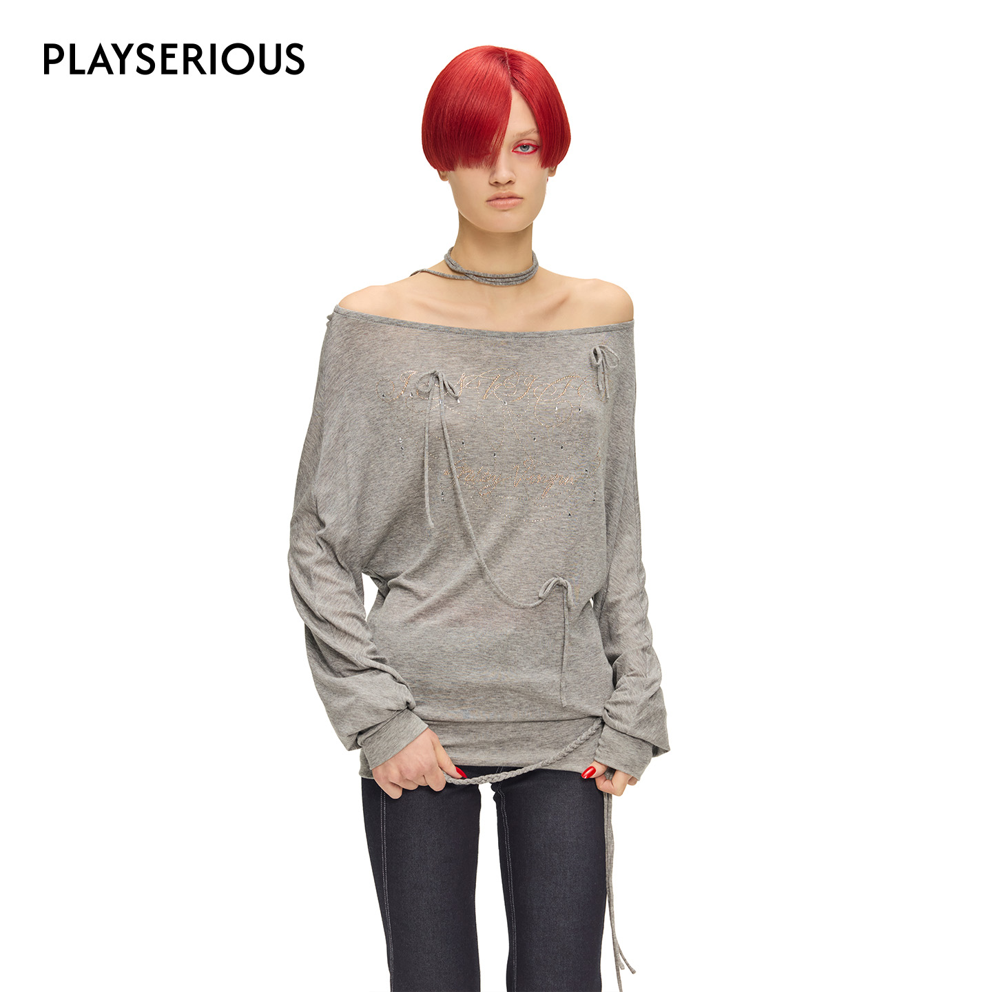 SULTRY VIRGIN 2025秋季新款纯色一字肩上衣女蝴蝶结抽绳装饰上衣