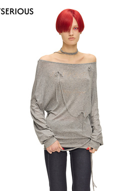 SULTRY VIRGIN 2025秋季新款纯色一字肩上衣女蝴蝶结抽绳装饰上衣