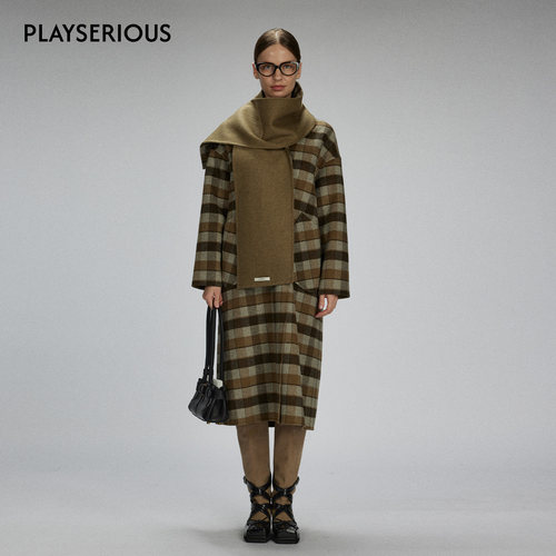 LACERTA2025秋季新款分体围巾羊毛长大衣女植物绿格纹长款外套